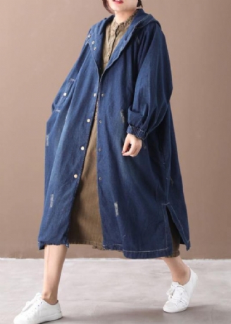 Trou À Capuche Naturel Tenue Grande Taille Manteaux Silhouette Bleu Denim