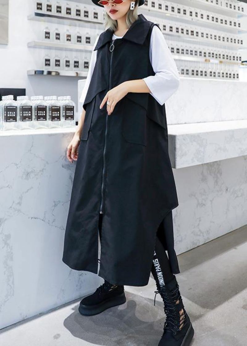 Tunique En Coton Asymétrique Sans Manches Faite À La Main Forme Robe En À Revers Noir - Trenchs femmes