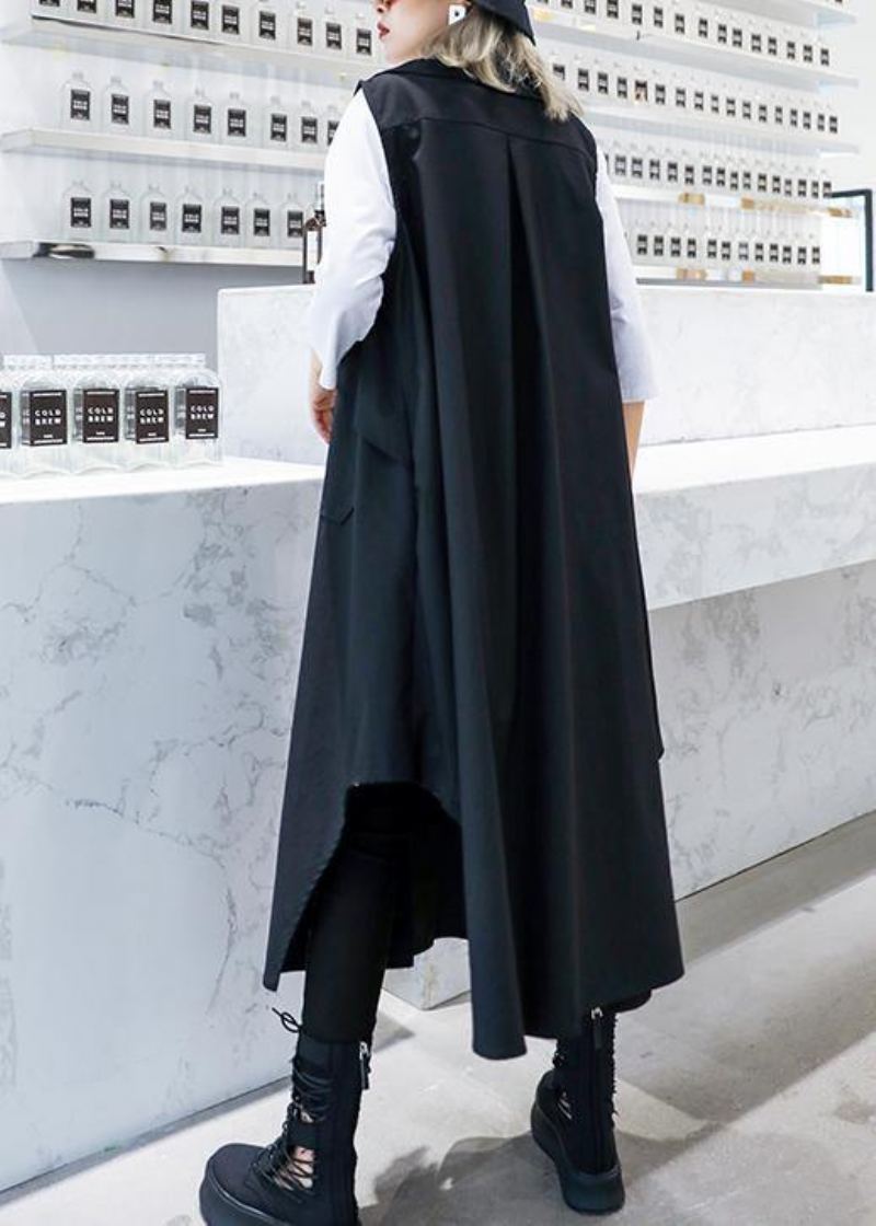 Tunique En Coton Asymétrique Sans Manches Faite À La Main Forme Robe En À Revers Noir - Trenchs femmes