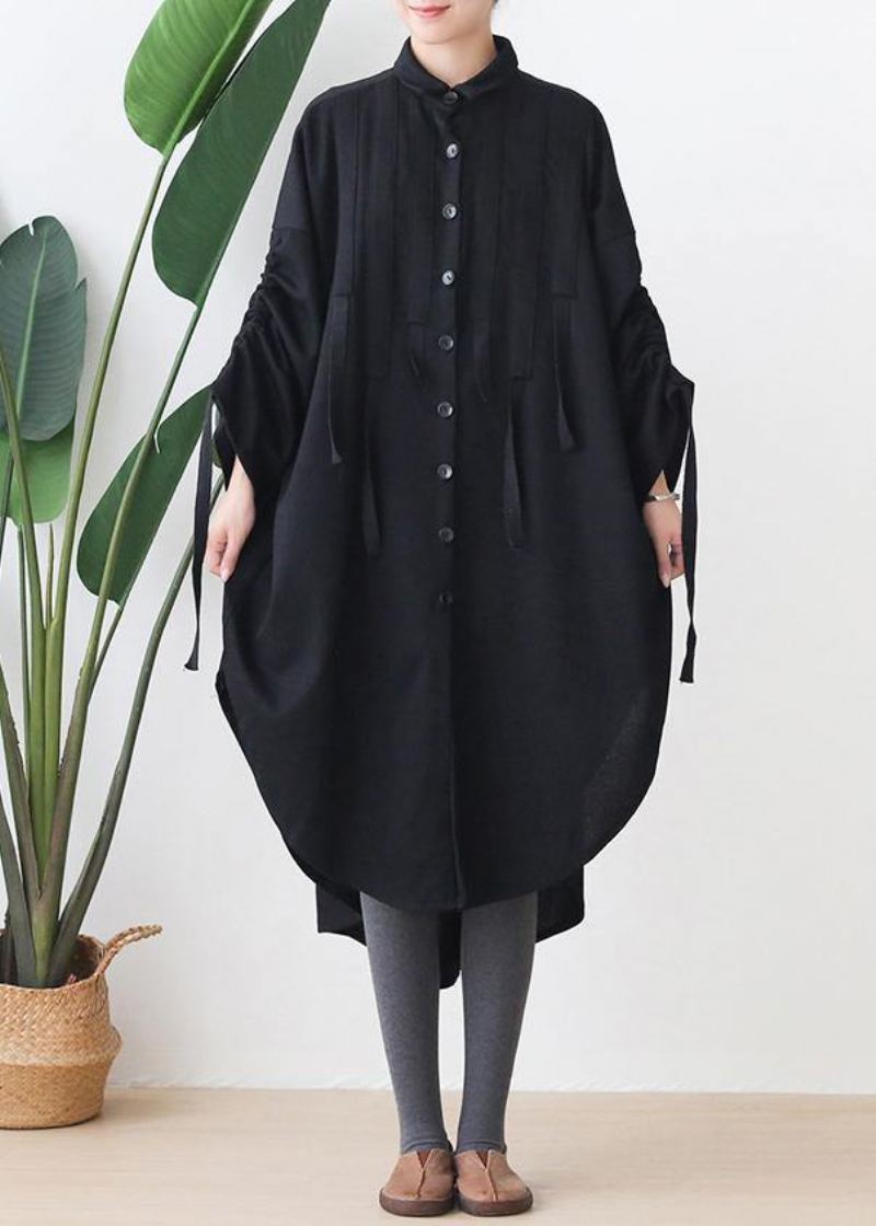 Tuniques En Coton Noir Biologique Revers Bas Haut Design Robes Caftan - Noir