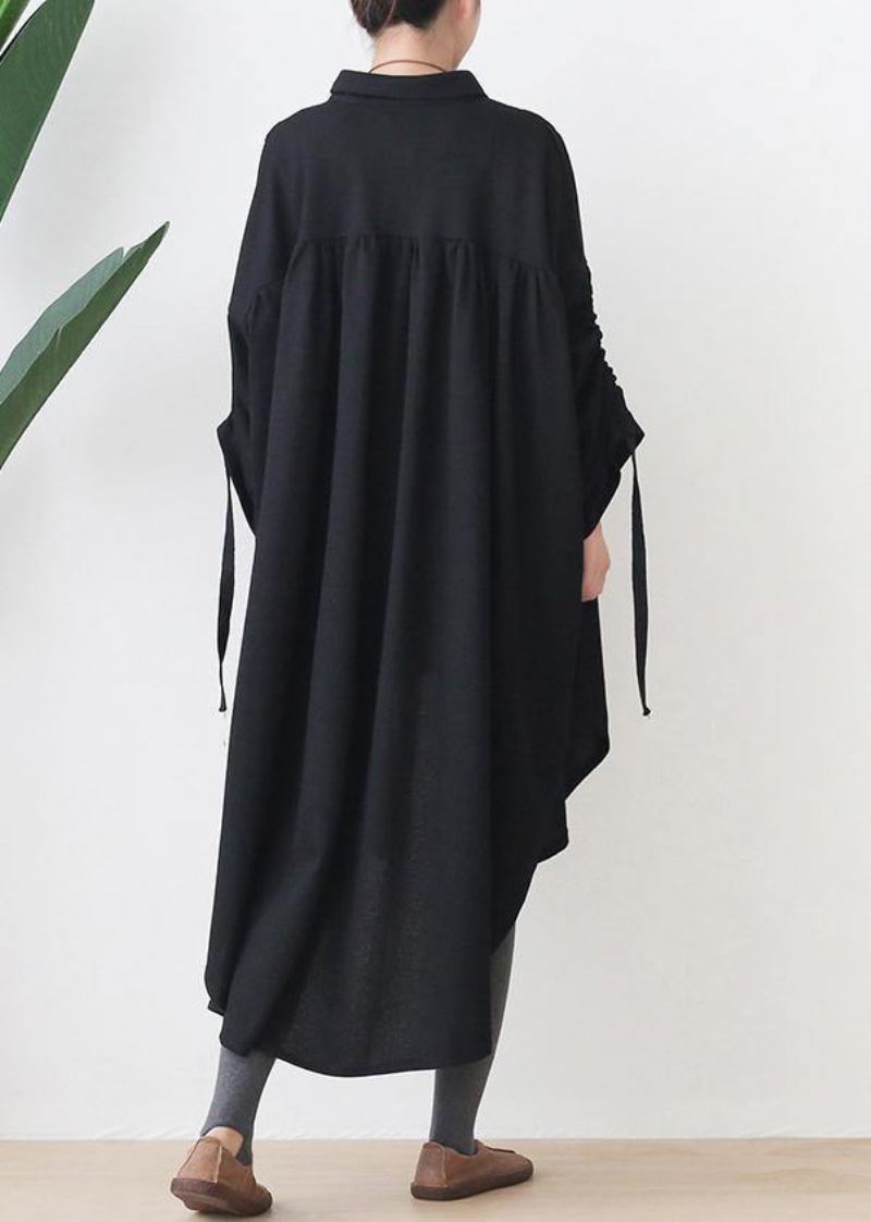 Tuniques En Coton Noir Biologique Revers Bas Haut Design Robes Caftan - Noir