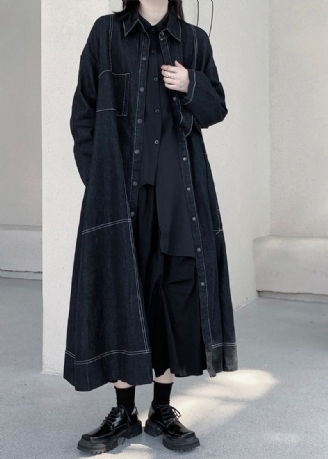 Unique Bleu Foncé Col Claudine Patchwork Poches Maxi Denim Trench Manteaux À Manches Longues