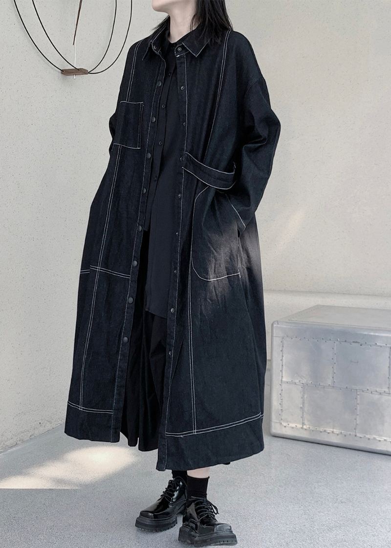 Unique Bleu Foncé Col Claudine Patchwork Poches Maxi Denim Trench Manteaux À Manches Longues - Trenchs femmes