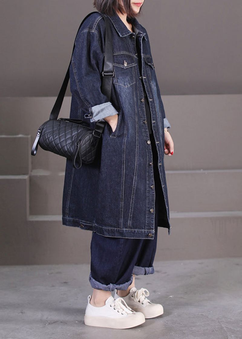 Unique Bleu Foncé Col Claudine Poches Patchwork Bouton Denim Long Trench Coat Automne