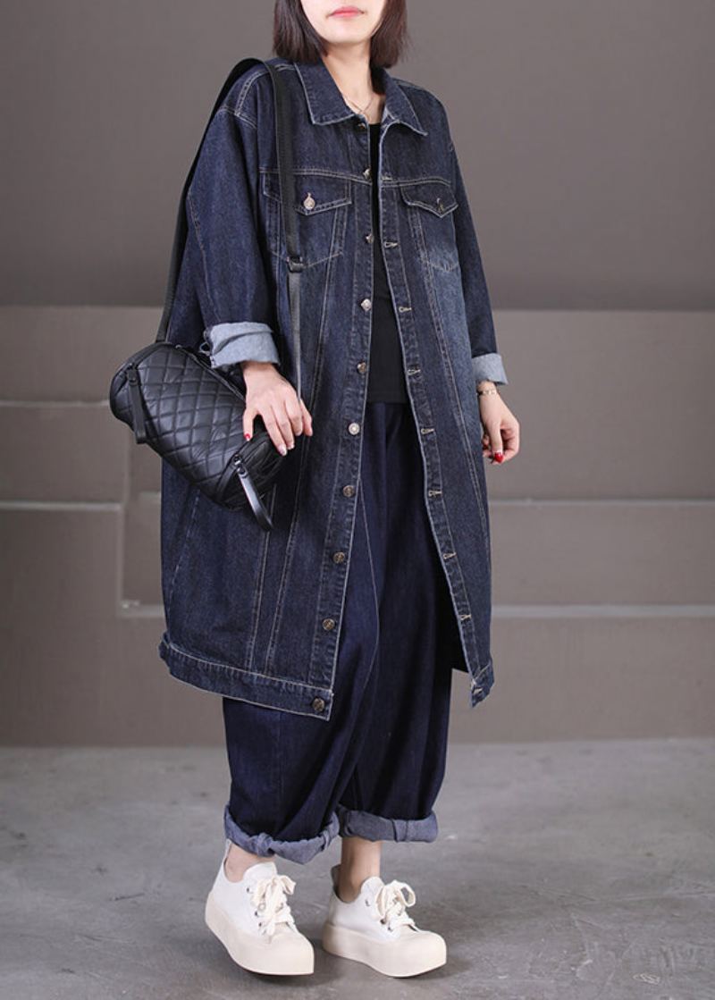 Unique Bleu Foncé Col Claudine Poches Patchwork Bouton Denim Long Trench Coat Automne - Trenchs femmes