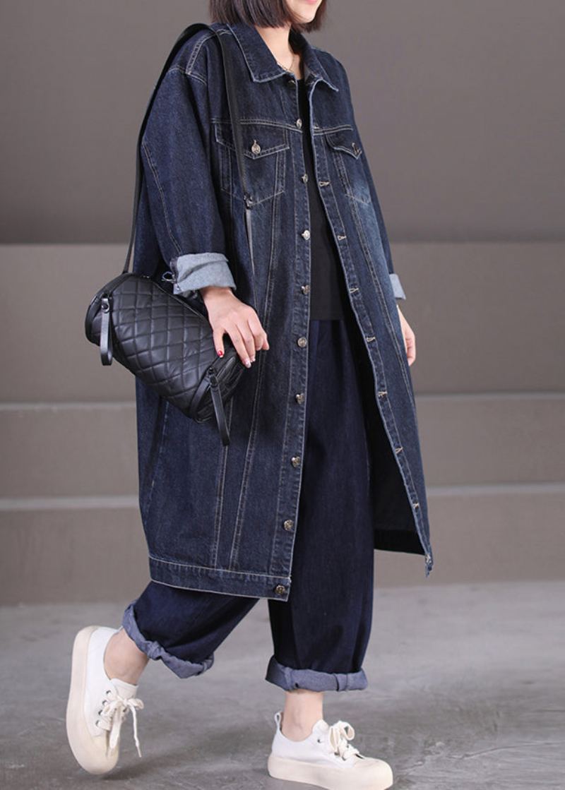 Unique Bleu Foncé Col Claudine Poches Patchwork Bouton Denim Long Trench Coat Automne - Trenchs femmes