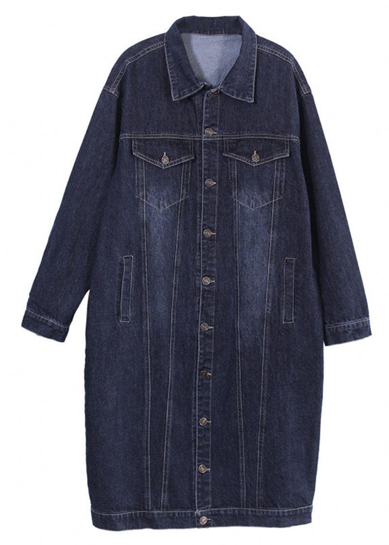 Unique Bleu Foncé Col Claudine Poches Patchwork Bouton Denim Long Trench Coat Automne - Trenchs femmes