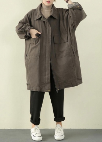 Veste D'hiver De Luxe Gris Vert Tenue Décontractée Tendance Grande Taille Pardessus À Revers Avec Fermeture Éclair