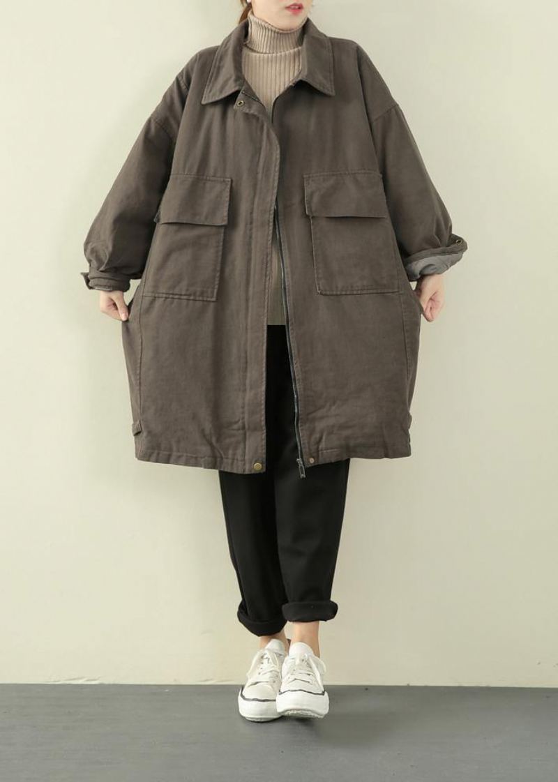 Veste D'hiver De Luxe Gris Vert Tenue Décontractée Tendance Grande Taille Pardessus À Revers Avec Fermeture Éclair - Gris Vert