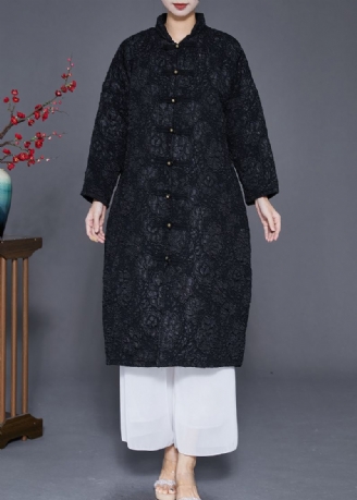 Veste Parka Bohémienne Noire En Jacquard Avec Boutons Chinois Remplie De Coton Fin Hiver