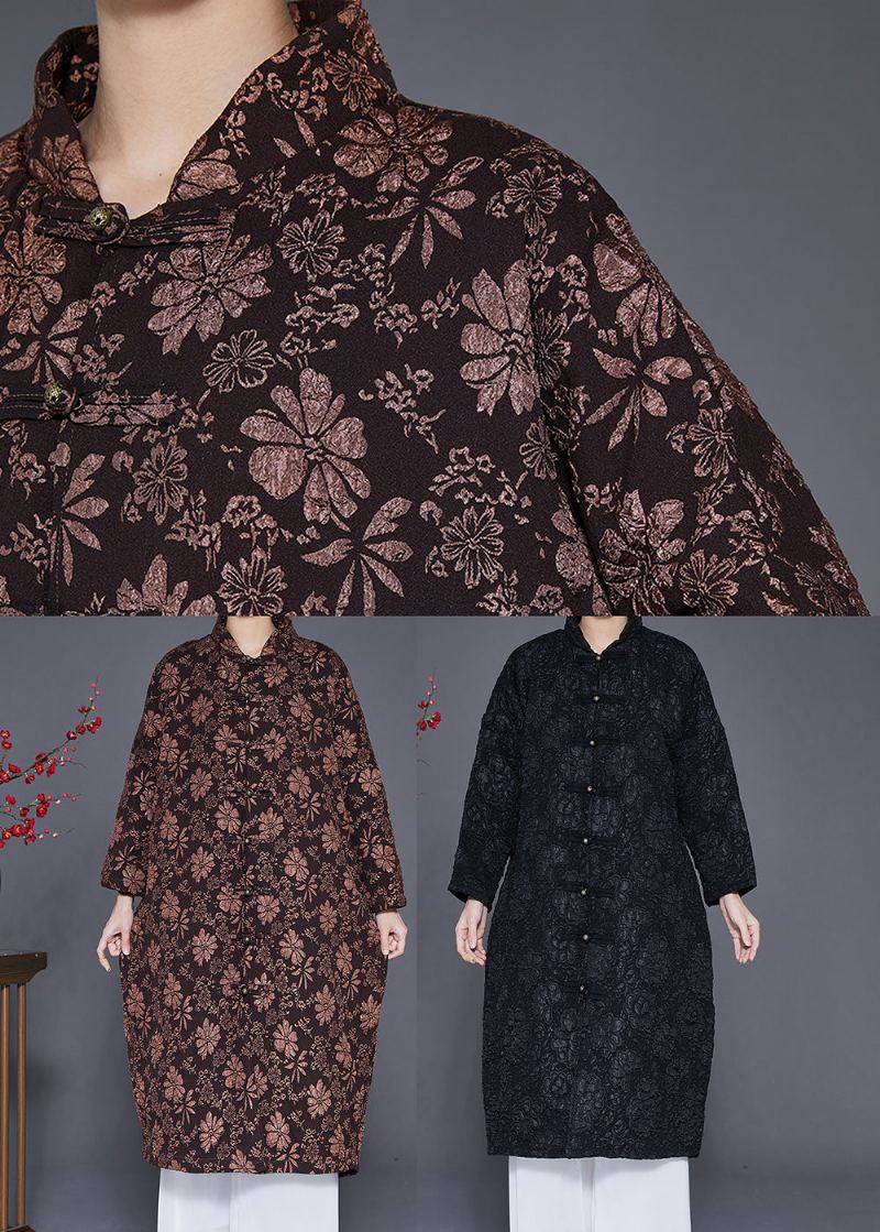 Veste Parka Bohémienne Noire En Jacquard Avec Boutons Chinois Remplie De Coton Fin Hiver - Trenchs femmes