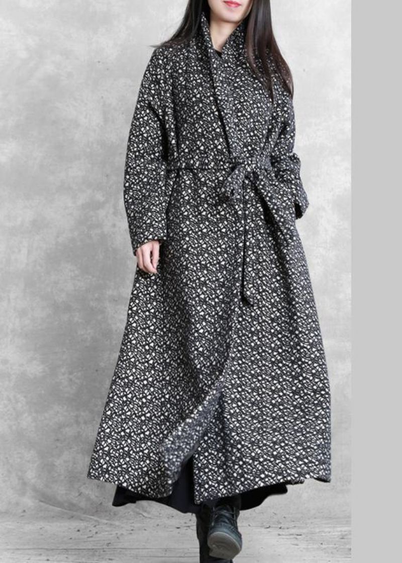 Vestes Longues Surdimensionnées Vêtements D'extérieur Plaid Noir Col En V Cravate À La Taille Manteau En Laine - Trenchs femmes