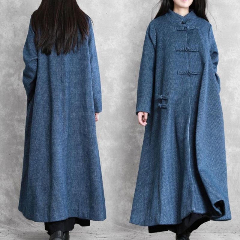 Vestes Vintage Grande Taille Manteau Bleu Col Montant Asymétrique Manteaux En Laine - Trenchs femmes