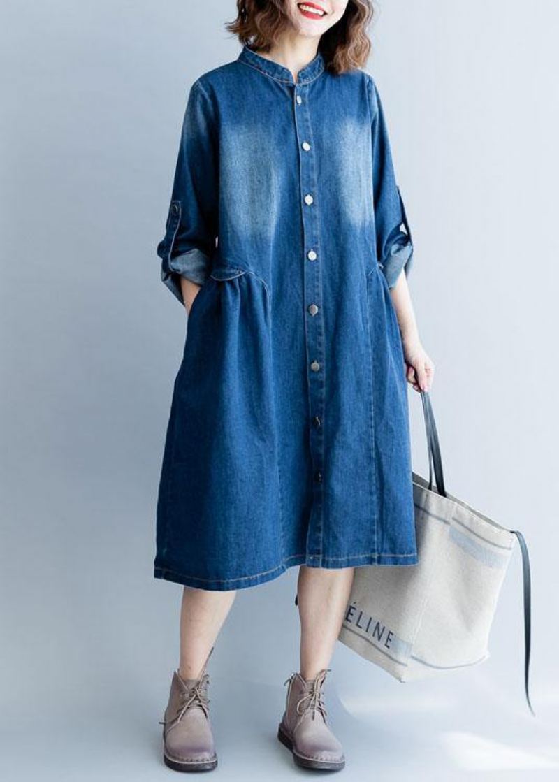 Vêtements Fins Brodés En Denim Bleu Biologique Pour Femmes Garde-robes Col Rayé D'extérieur D'automne