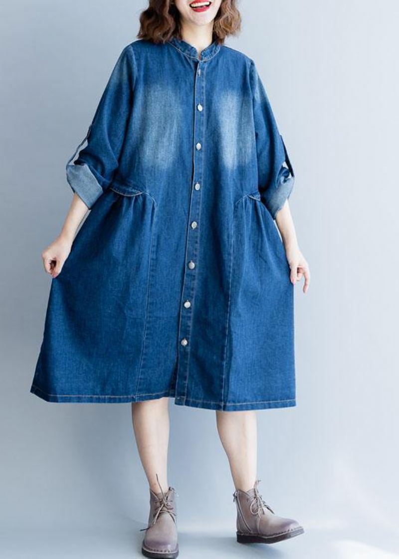 Vêtements Fins Brodés En Denim Bleu Biologique Pour Femmes Garde-robes Col Rayé D'extérieur D'automne - Bleu Jean