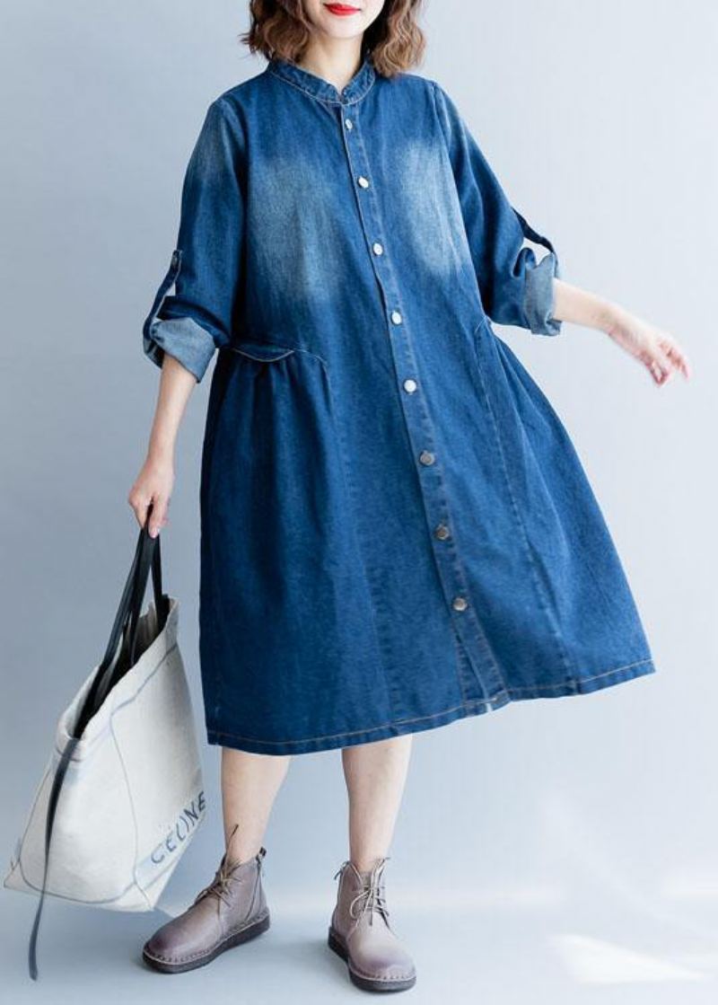 Vêtements Fins Brodés En Denim Bleu Biologique Pour Femmes Garde-robes Col Rayé D'extérieur D'automne - Bleu Jean