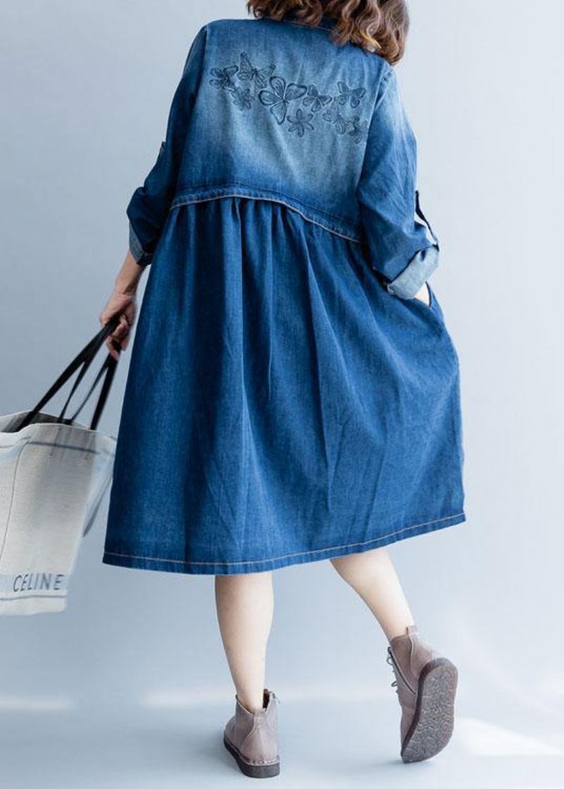 Vêtements Fins Brodés En Denim Bleu Biologique Pour Femmes Garde-robes Col Rayé D'extérieur D'automne - Bleu Jean