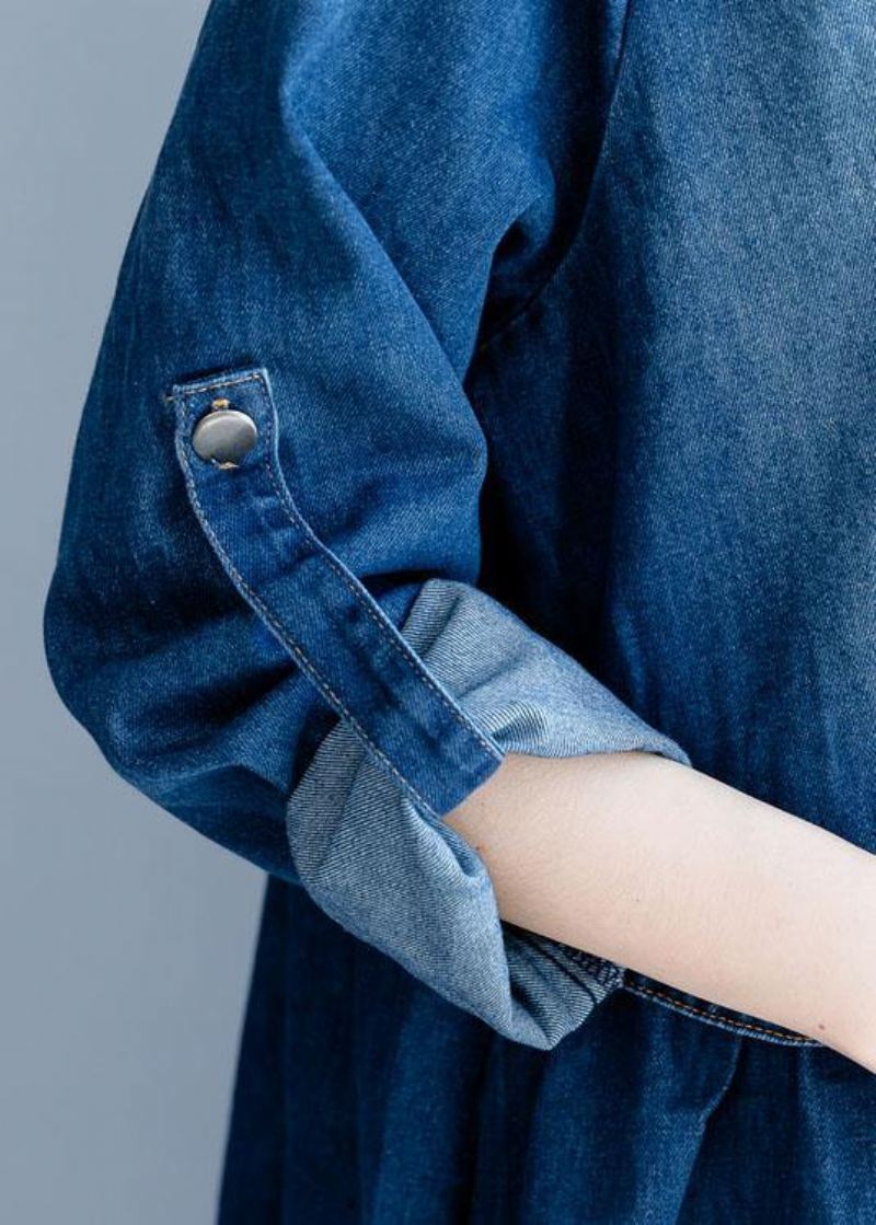 Vêtements Fins Brodés En Denim Bleu Biologique Pour Femmes Garde-robes Col Rayé D'extérieur D'automne - Bleu Jean