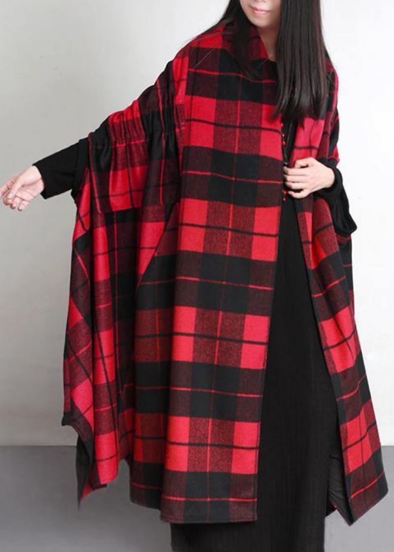 Vêtements De Luxe Grande Taille Manteau D'hiver Long D'extérieur De Laine Asymétrique À Carreaux Rouges - Trenchs femmes