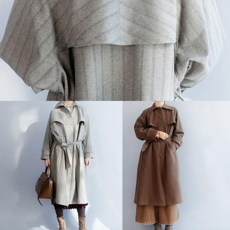 Vêtements À La Mode Pour Femmes Col À Revers Naturel Cravate À La Taille Manteau Baggy Gris - Chocolat