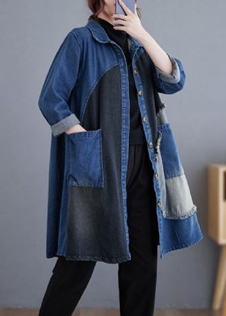 Vintage Bleu Bouton Poches Patchwork Denim Trench Coat Automne