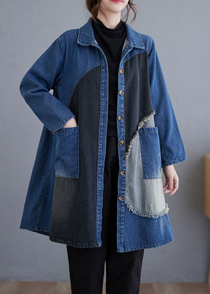 Vintage Bleu Bouton Poches Patchwork Denim Trench Coat Automne - Trenchs femmes