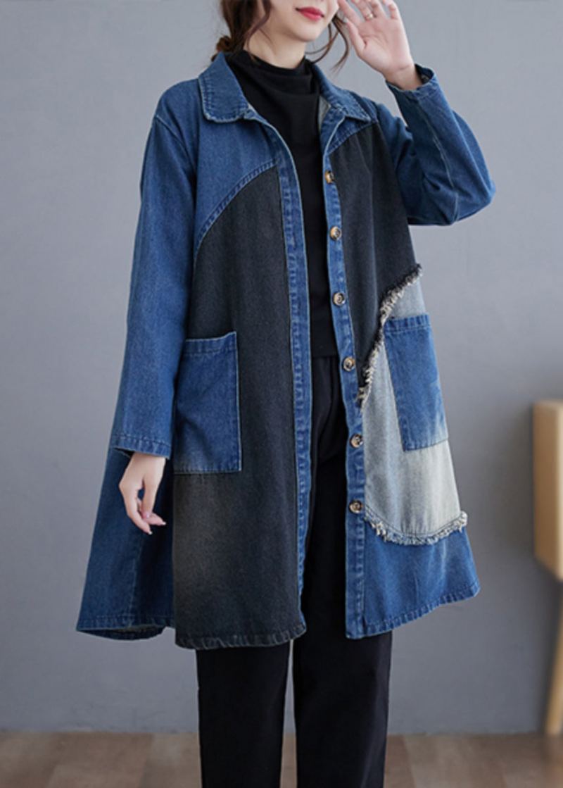 Vintage Bleu Bouton Poches Patchwork Denim Trench Coat Automne - Trenchs femmes