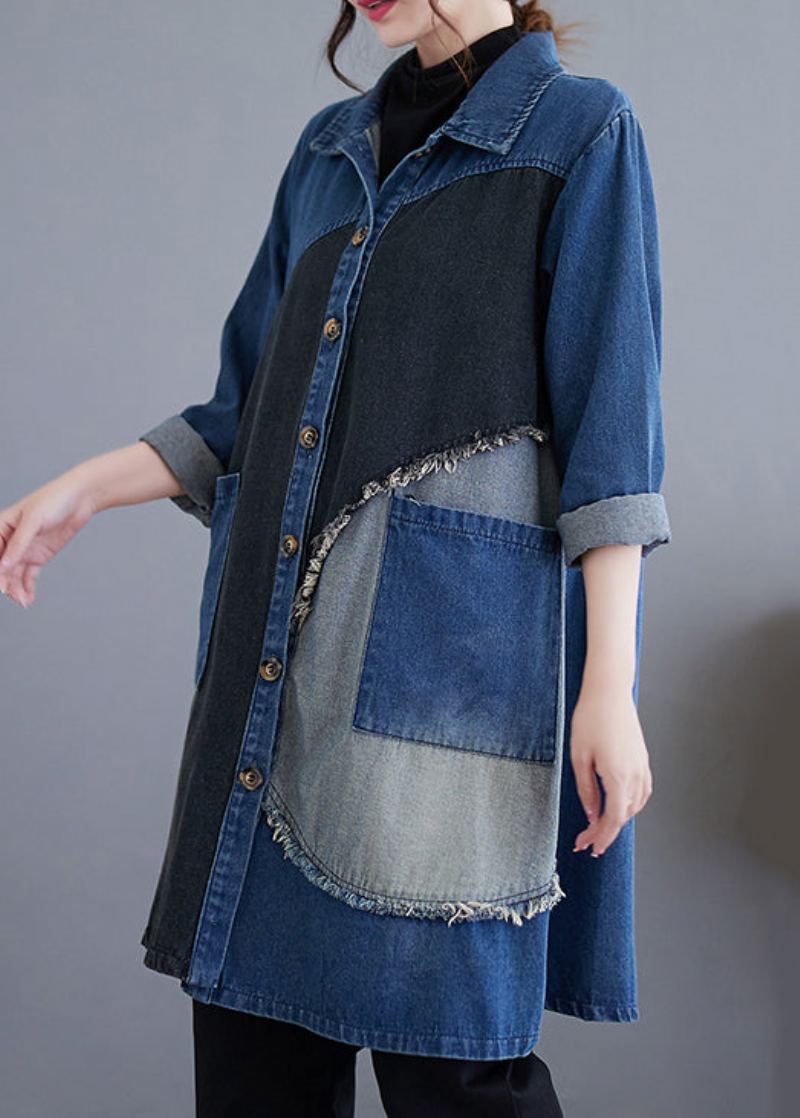 Vintage Bleu Bouton Poches Patchwork Denim Trench Coat Automne - Trenchs femmes