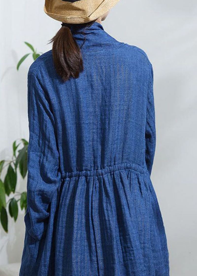 Vintage Bleu Noeud Bouton Cordon Trench Manteaux À Manches Longues - Trenchs femmes