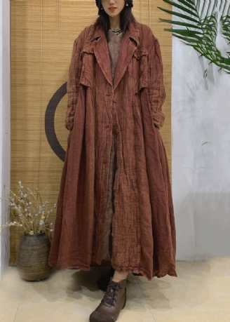 Vintage Caramel Notched Button Lin Trench Coat Printemps