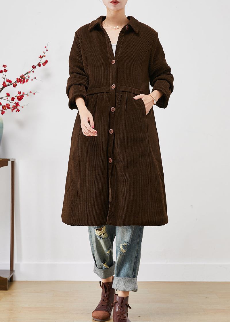 Vintage Chocolat Chaud Fin Coton Rempli Velours Côtelé Trench Manteaux Hiver - Trenchs femmes