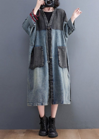 Vintage Denim Bleu Col En V Patchwork Trench Coat Printemps