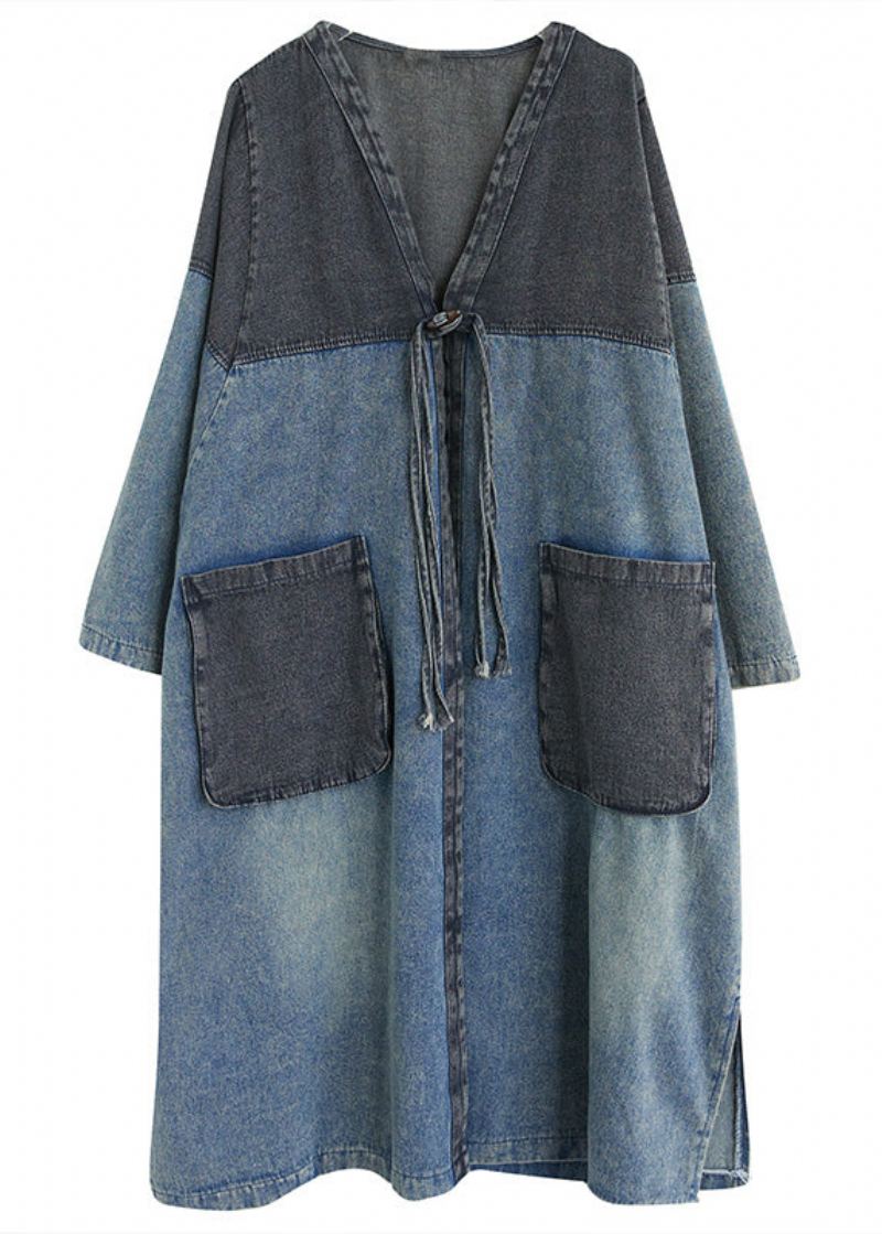 Vintage Denim Bleu Col En V Patchwork Trench Coat Printemps - Trenchs femmes