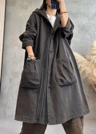 Vintage Noir Froissé Bouton Sweats À Capuche Denim Trench Manteaux Automne