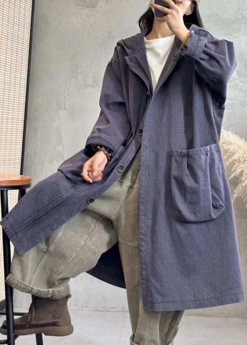 Vintage Noir Froissé Bouton Sweats À Capuche Denim Trench Manteaux Automne - Noir