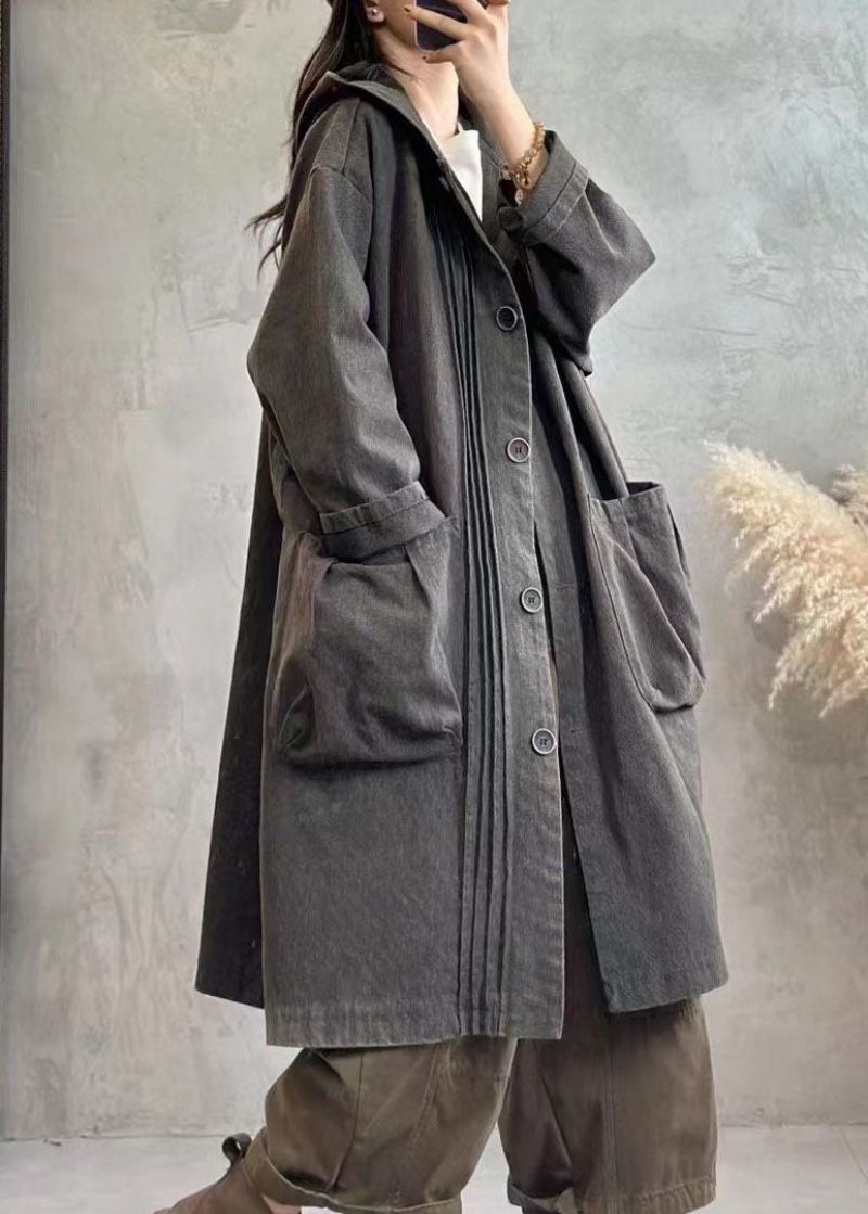 Vintage Noir Froissé Bouton Sweats À Capuche Denim Trench Manteaux Automne - Noir