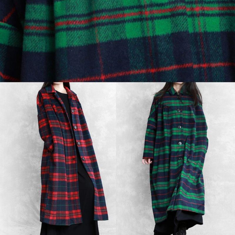 Vintage Plus Taille Manteau D’hiver Vêtements D’extérieur En Laine À Carreaux Rouges Poches Crantées En - Vert