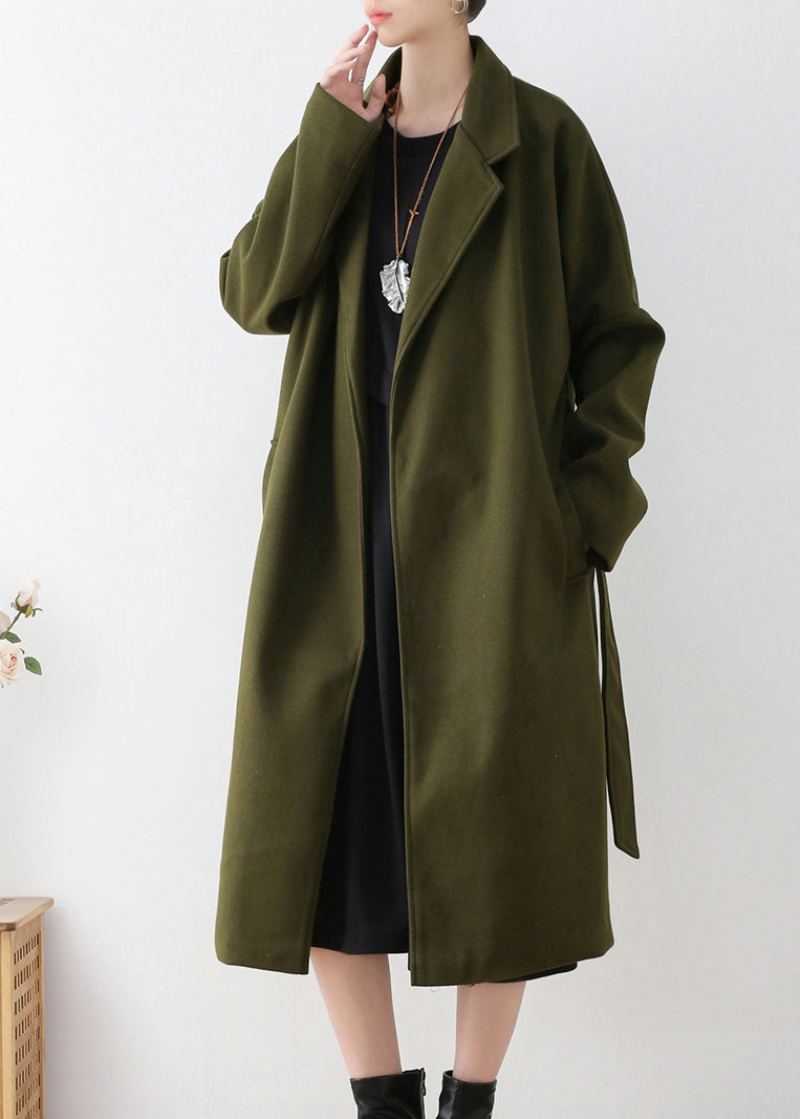 Vogue Armée Vert Cranté Cravate Taille Laine Trench Manteaux Hiver