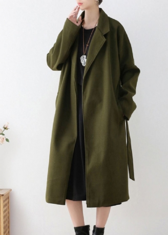 Vogue Armée Vert Cranté Cravate Taille Laine Trench Manteaux Hiver