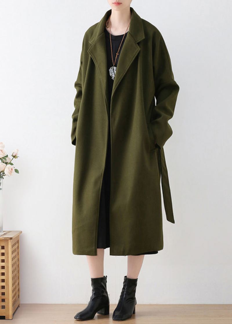 Vogue Armée Vert Cranté Cravate Taille Laine Trench Manteaux Hiver - Trenchs femmes