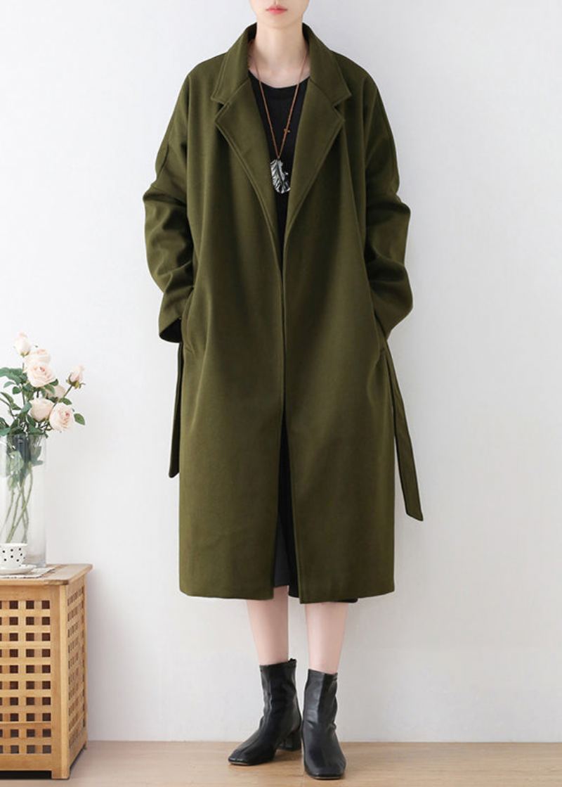 Vogue Armée Vert Cranté Cravate Taille Laine Trench Manteaux Hiver - Trenchs femmes