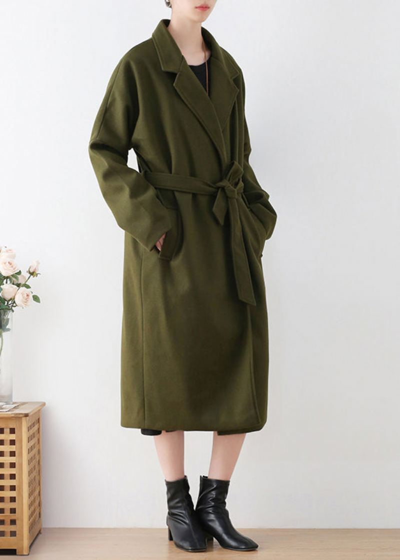 Vogue Armée Vert Cranté Cravate Taille Laine Trench Manteaux Hiver - Trenchs femmes