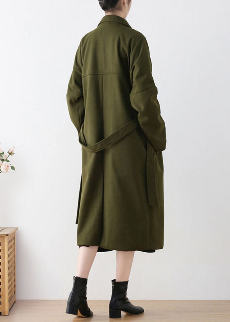 Vogue Armée Vert Cranté Cravate Taille Laine Trench Manteaux Hiver - Trenchs femmes