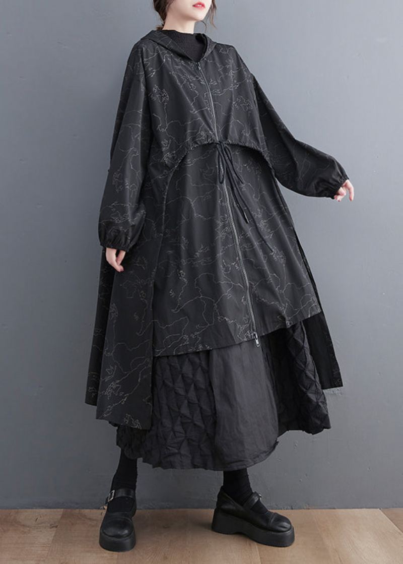 Vogue Noir Asymétrique Patchwork Imprimé Zippé Cravate Taille À Capuche Trench-coat Automne - Trenchs femmes