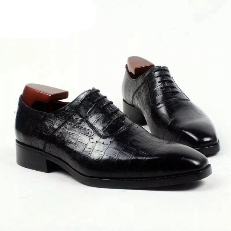 Chaussures En Cuir Crocodile Gaufré Pour Hommes Sur Mesure Faites À La Main Oxford Laçage Plat - Noir