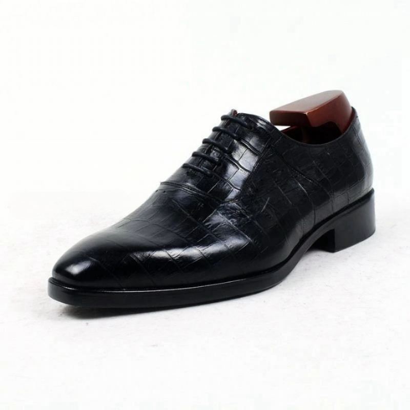 Chaussures En Cuir Crocodile Gaufré Pour Hommes Sur Mesure Faites À La Main Oxford Laçage Plat - Noir