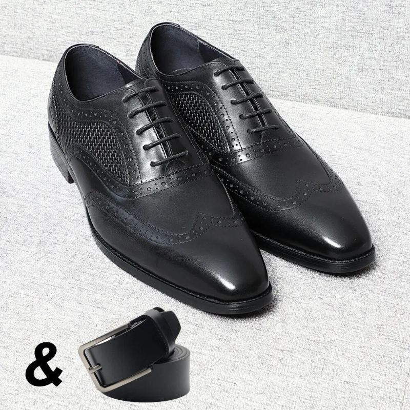 Chaussures Habillées En Cuir Véritable Pour Hommes Faites À La Main Noir Bout Pointu D'aile Richelieu Oxfords Formelles De Fête De Mariage D'affaires - Noir