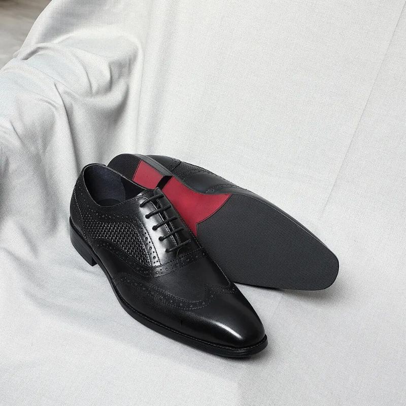 Chaussures Habillées En Cuir Véritable Pour Hommes Faites À La Main Noir Bout Pointu D'aile Richelieu Oxfords Formelles De Fête De Mariage D'affaires - Noir