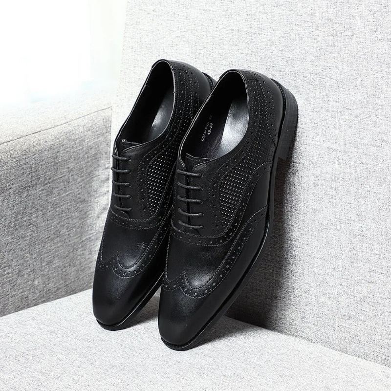 Chaussures Habillées En Cuir Véritable Pour Hommes Faites À La Main Noir Bout Pointu D'aile Richelieu Oxfords Formelles De Fête De Mariage D'affaires - Noir