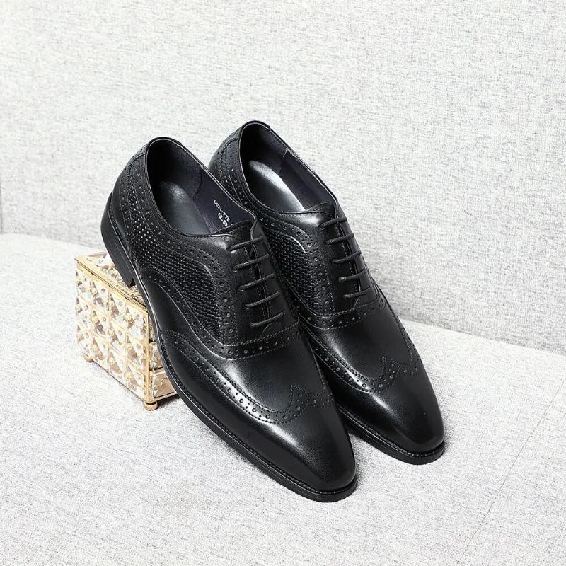 Chaussures Habillées En Cuir Véritable Pour Hommes Faites À La Main Noir Bout Pointu D'aile Richelieu Oxfords Formelles De Fête De Mariage D'affaires - Noir